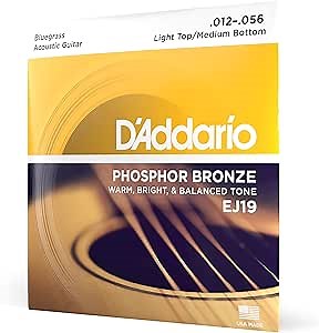 D'Addario Acoustic Guitar Strings, Phosphor Bronze, EJ19, Light Top/Medium Bottom Gauge Bluegrass 12-56, 6-String Set, Pack of 1