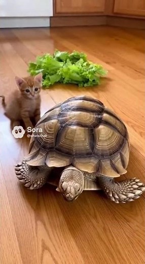Lazy Turtle Blocks Kitten's Path! Wait For the Rabbit's Move! #cutepets #viral