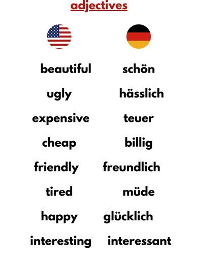 Learn German Adjectives Fast 🇩🇪 | Easy Examples for Beginners (A1–A2) Want to learn German fast and speak with confidence? 🇩🇪 In this short video, you’ll discover German adjectives with simple and clear examples perfect for beginners (A1–A2 level). 🎯 Perfect for beginners learning German step by step. 💡 Save this video and practice daily to improve your vocabulary fast! 👉 Comment your favorite adjective below! 👉 Like & Subscribe for more daily German lessons #germanforbeginners #deutschl