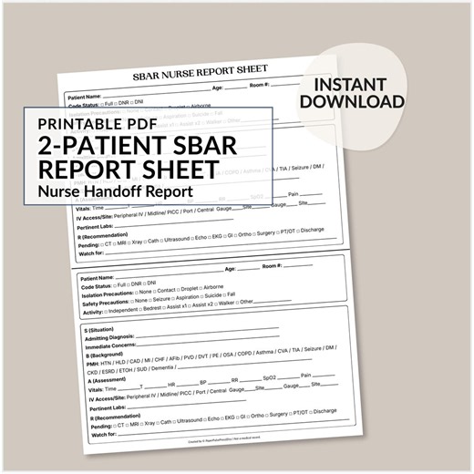 2-patient SBAR Report Sheet, Nurse Handoff Tool (digital Download) - Etsy