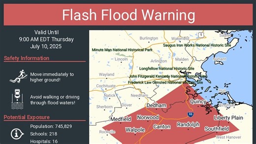 Flash flood warning issued for Massachusetts, including Boston. See map, weather forecast