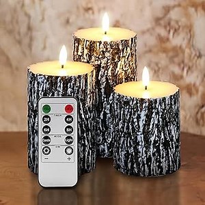 Eywamage Bark Flameless Pillar Candles with Remote, Farmhouse Wood LED Candles Battery Operated Flickering Christmas Decor Set of 3
