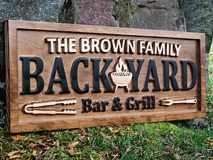 Bar Sign Backyard Bar & Grill | Personalized Carved Wood Sign, Grill Sign, Father's Day Birthday Gift, Backyard Patio Sign, Family Name Sign - Etsy