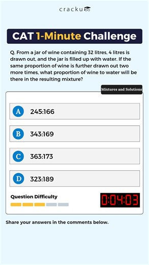 🚀 CAT 2025: Mixtures and Solutions – 60 Seconds to Dominate! Choose the right option CAT 1-Minute Challenge For Solution Check our Story highlights. 💯 Topic: Interest Comment your answers below⬇️ Follow for more updates #questionoftheday #cat #CAT2025 #numbersystem #QA #Challenge #trendings #cat2025 #preparation #mba #cracku #catpreparation | Cracku