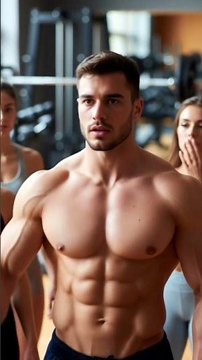 A muscular man in a #gym, surrounded by admiring women in a dynamic #fitness environment.
