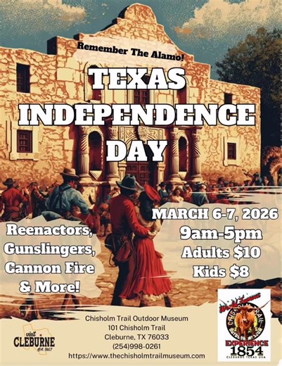 SAVE THE DATE MARCH 6-7, 2026. Tickets available at the gate! FULL reenactment of the BATTLE at THE ALAMO ! Actors, Music, Cannons, Vendors & Chuckwagon Cooking! #chisholmtrailmuseum #chisholmtrailoutdoormuseum #thelegendsoftexas #visitcleburne #texashistory | Chisholm Trail Museum
