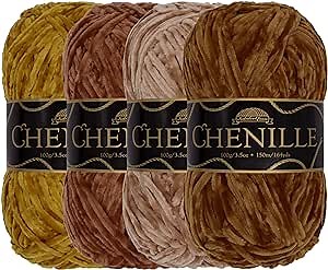 JubileeYarn Chenille Yarn - 100g/Skein Worsted Weight - Shades of Brown - Velvet Assorted Colors Pack - 4 Skeins