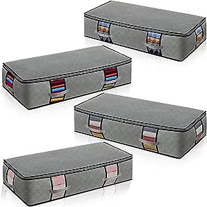 Extra-Large Under Bed Storage Foldable Container [4-pack] Underbed Storage Bins with Strong Handle and Metal Zipper Clear Window Thick Fabric Grey Color