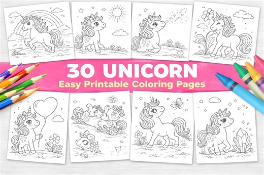 Unicorn Coloring Book Printable, Kids Color Pages Bundle, Cute Unicorn Activity Book Instant Download