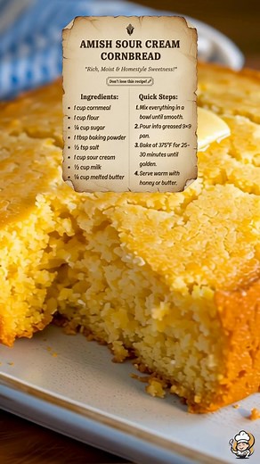 This Amish Sour Cream Cornbread Recipe is tender, moist, and lightly sweet — the perfect side for chili, soup, or Sunday dinner. The sour cream adds richness, while the butter keeps it melt-in-your-mouth soft. It’s easy to make, bakes golden in 30 minutes, and tastes heavenly with a drizzle of honey or pat of butter. 💛 FULL RECIPE — AMISH SOUR CREAM CORNBREAD 🌽 Ingredients: • 1 cup cornmeal • 1 cup flour • ¼ cup sugar • 1 tbsp baking powder • ½ tsp salt • 1 cup sour cream • ½ cup milk • ¼ cup 