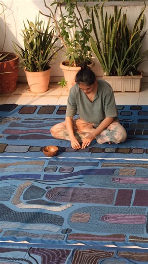 M O R I I on Instagram: "Textile panels from the ‘Nomadic Dream’ series are an ongoing exploration of Rabari embroidery, eight months in making. 🧵 🪡 Inherited stitches, practised across generations, reimagined through new scale and form. Familiar patterns shift into unfamiliar formations, contemporary yet deeply rooted. Hand embroidered on indigo dyed linen cotton. 💙 Coming together @indiaartfair soon. #morii #moriidesign #nomadicdream #textileart #contemporaryheritage"