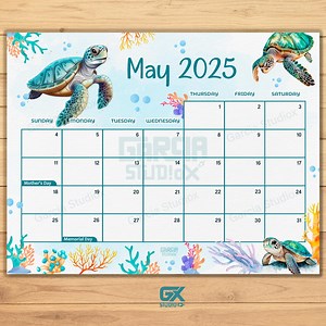 May 2026 Calendar Printable, Cute Sea Turtle Theme, Editable Monthly PDF, Instant Download, Ocean Animal Kids Template, Beach Decor Planner - Etsy