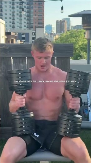 NÜOBELL adjustable dumbbells from 2–40 kg / 5–100 lb, replacing a full rack in one system.