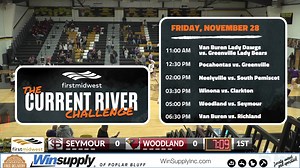 9.3K views · 54 reactions | Live coverage of the Current River Challenge continues from Van Buren High School! Listed below are the last three games for Friday (11-28-2025) 3:30 pm Clarkton vs Winona 5 pm Seymour vs Woodland 6:30 pm Richland vs Van Buren (Boys) Be sure to share this feed and let us know where you’re tuning in from! | Today's Talk KWOC | Facebook