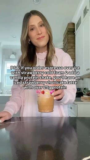 Cassie Black, MS RD | your fat loss dietitian + coach on Instagram: "2 reasons you’ll love this pretty pink latte ⤵️ 1. It packs lots of protein to keep you feeling full and satisfied and less snacky. Instant game changer if your goal is fat loss 2. It’s definitely giving strawberry milk/strawberry shortcake which makes it feel like a delightful treat (& perfect for Valentine’s Day) Okay, now for what you came for: HOW I ORDER/MAKE IT - 2 shots of iced espresso in a venti cup - Add strawberry co