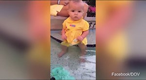 Baby faceplants in pool, rolls over, cries, learns to float