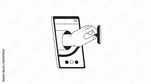 Mobile health app bw animation. Animated doctor hand with stethoscope in smartphone 2D flat monochromatic thin line object. 4K video concept footage with alpha channel transparency for web design