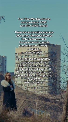 Your time machine breaks and you land in 2030 after WW3 ended There are no countries anymore Just zones. No global internet Only local networks the government controls Everything runs through a digital ID Cash is gone Every person has a monthly energy and travel limit Most cities look normal But half the buildings are empty Like people just… disappeared Nobody talks about the war And when you ask what happened They just say “Which version?” #fyp #timetravel #timachine #WW3 #future