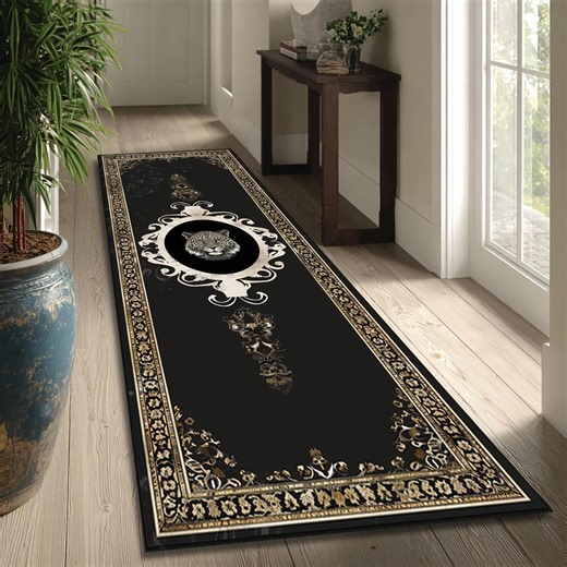 Digital Print Black Leopard Medallion Runner Rug Vintage Ornate Hallway Carpet - Etsy