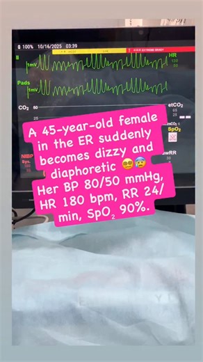 🚨 ECG Scenario Challenge! 🫀 A 45-year-old female in the ER suddenly becomes dizzy and diaphoretic 😵‍💫😰 Her vital signs are unstable — BP 80/50 mmHg, HR 180 bpm, RR 24/min, SpO₂ 90%. Telemetry shows a rapid, irregular wide-complex rhythm with QRS complexes twisting around the baseline 🌀 🧠 Background info: • She’s receiving an IV antibiotic known to prolong the QT interval 💊 • Labs show low magnesium (Mg²⁺) and low potassium (K⁺) ⚡ 💭 Your challenge: 1️⃣ What’s the rhythm? 2️⃣ What’s the i