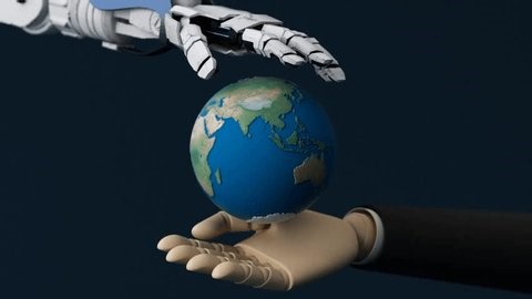 Robot and Human Hand, AI Collaboration Concept Animation, Visualize the collaboration between humans and robots with an animation featuring a robot hand and a businessperson's hand holding the world