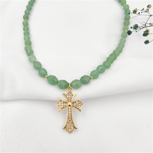 Aventurine Gemstone Necklace With Gold Plated Cross - Etsy
