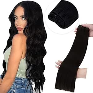LaaVoo 28 Inch Human Hair Extensions Weft Black Women 140g Sew in Hair Extensions Real Human Hair Black Weft Hair Extensions Long Straight