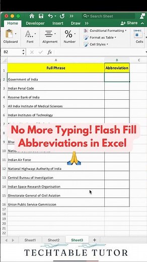 Auto-Create Abbreviations/short form in Excel! 🚀 | Use Ctrl + E Magic #excel #excelshorts