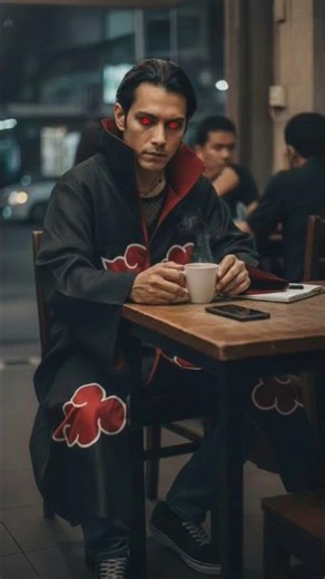 Uchiha Itachi is relaxing at a café.