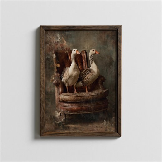 Geese on Leather Chair Print, Vintage Antique Style Wall Art, Muted Cottage Painting, Cottagecore Decor, Farmhouse Animal Digital Download - Etsy