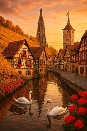 🇩🇪 Germany 🇩🇪 According to the 2025 mid-year Quality of Life Index from Numbeo, the next three countries ranked after Austria are: 🇩🇪 Germany 🇩🇪 * High scores in healthcare, safety, and infrastructure. * Strong purchasing power and efficient public services. * Rich cultural life and environmental consciousness. Here it is: Germany’s autumn soul in full bloom 🇩🇪✨ Golden vineyards wrap around timber-framed houses, a Gothic cathedral spire rises above cobblestone streets, and swans glide 