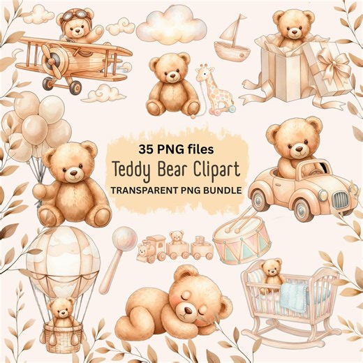 Teddy Bear Clipart Bundle, Watercolor Nursery Illustrations, Neutral Baby Decor, 35 Transparent PNG Files - Etsy