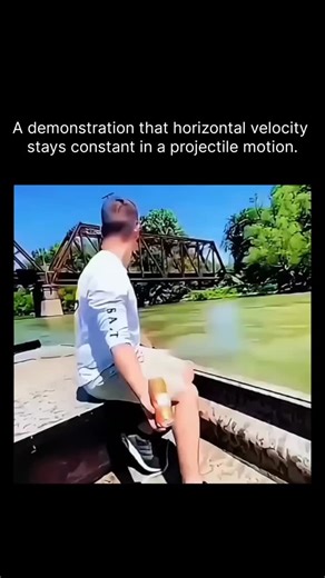 Learn More on Instagram: "The post features a video of a man on a bridge throwing a lightweight ball in a parabolic arc to a catcher in a boat below, visually confirming that horizontal velocity in projectile motion remains constant under gravity alone. This aligns with kinematic equations where horizontal displacement equals initial velocity times time (x = v_x * t), ignoring air resistance, as shown in the overlaid trajectory graph. While effective for education, real-world air drag slightly d