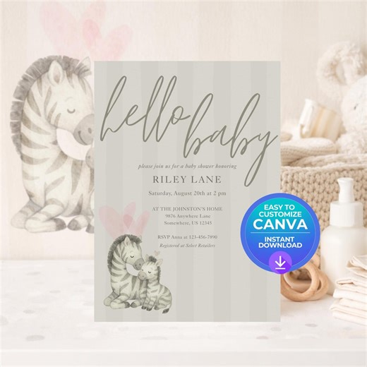 Zebra Baby Shower Invitation Canva Template, Watercolor Safari Theme, Editable Invite, 5x7 (digital Download) - Etsy