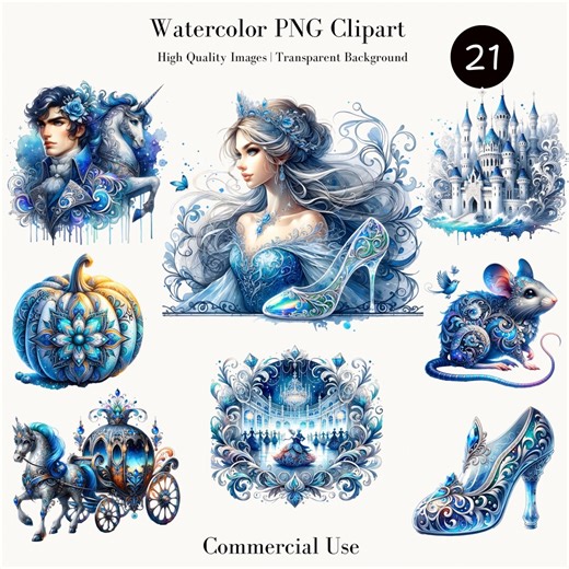 Watercolor Cinderella PNG Clipart Bundle – Party Watercolor Cinderella Illustration, Fairy Tale Princess Designs, Glass Slipper, Castle Subl - Etsy
