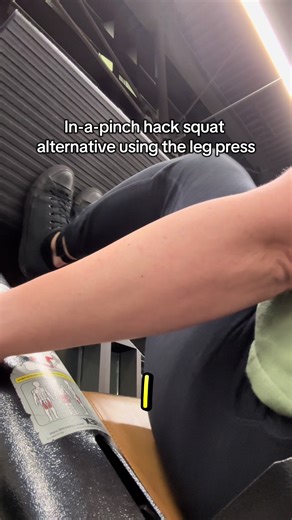 Hack squat alternative using the leg press when the Smith machine is taken. If you’re in the gym and can’t access the equipment you planned for, this quad-focused setup keeps your workout on track. Feet lower on the plate. Drive through the balls of your feet. Control the descent. Still effective. Still counts.