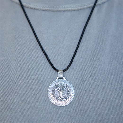 925 Silver Circular Tree of Life Necklace, Blackened Pendant, Jewelry Silk Cord - Etsy