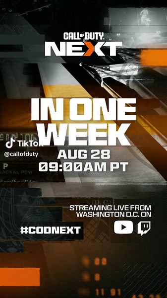 1 week away from #CODNext See live gameplay and updates from Call of Duty #BlackOps6 Multiplayer, Zombies, Warzone, and more 🔥 📅 August 28 ⏰ 9AM PT / 12PM ET 📺 Twitch.tv/Callofduty 📺 YouTube.com/Callofduty 📅 August 28 ⏰ 9AM PT / 12PM ET