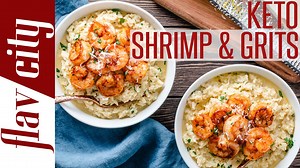 Low carb shrimp and cauliflower grits. The shrimp are spice crusted and dripping in ghee, and the cauliflower grits are so creamy and good, you won't even miss the corn. Totally keto, and totally delish! RECIPE: https://www.flavcity.com/keto-shrimp-and-grits/ | BobbyParrish