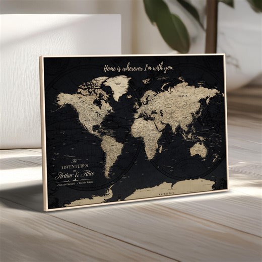 Personalized Vintage Family World Map Wall Art, Customizable Travel Map Poster, Canvas or Floating Frame Print, Couple Home Decor - Etsy