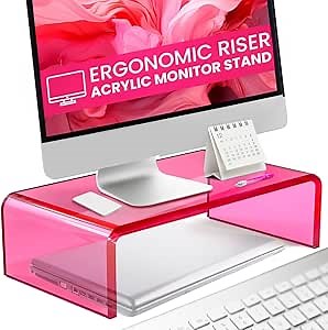 NovaMode Acrylic Monitor Stand - Ergonomic Desk Riser for Better Posture, Stylish & Modern Desktop Organizer, Computer Desk Stand for Monitors & Laptop - Bright Pink