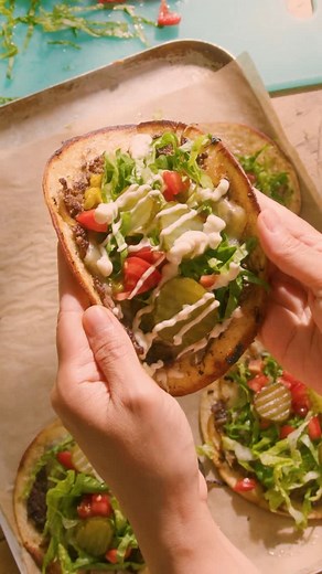 Ocado on Instagram: "All the burger flavours, folded up taco-style 🤌 A go-to for quick dinners or weekend bites 🌮🍔"