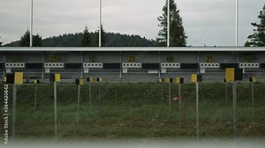 Targets for shooting during biathlon. Numbering of targets in biathlon. Target sports shooting. Empty shooting range at biathlon. Shooting biathlon target