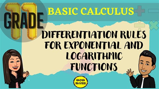 ‼️BASIC CALCULUS‼️ 🟣 GRADE 11: DIFFERENTIATION RULES FOR EXPONENTIAL AND LOGARITHMIC FUNCTIONS PERFORMANCE Task by: AALIYAH MARBIBI STEM KNOWLEDGE SY 2024 - 2025 ‼️SHS MATHEMATICS PLAYLISTS‼️ General Mathematics First Quarter: https://tinyurl.com/y5mj5dgx Second Quarter: https://tinyurl.com/yd73z3rh Statistics and Probability Third Quarter: https://tinyurl.com/y7s5fdlb Fourth Quarter: https://tinyurl.com/na6wmffu Business Mathematics https://tinyurl.com/emk87ajz PRE-CALCULUS https://tinyurl.com