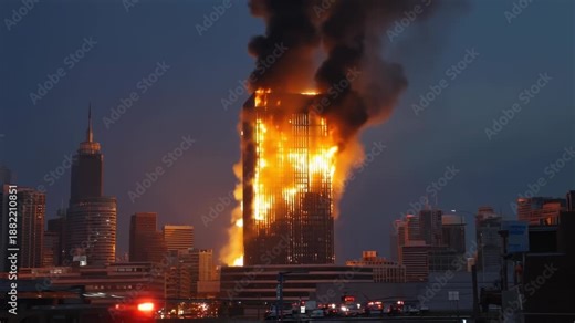 Dramatic urban catastrophe showing a modern high rise building completely on fire against the night city skyline, with thick black smoke billowing into the dark sky as fire trucks arrive