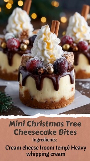 Mini Christmas Tree Cheesecake Bites Festive no-bake cheesecakes topped with whipped cream “trees,” cranberries, and chocolate drizzle. Yield: 6 mini cakes | Chill Time: 4 hrs | Temp: No bake Key Ingredients First: Cream cheese (room temp) Heavy whipping cream Dark chocolate Graham cracker crumbs ....................... FULLL Recipe in First Cօʍʍеոτ 👇 | Cooking Taste