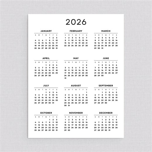 2026 Wall Calendar Easy to Read 2026 Yearly Calendar Printable PDF Big Number Minimalist Calendar A3 A4 Letter Size Monday & Sunday Start - Etsy
