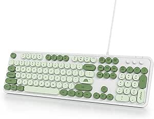 Owpkeenthy Typewriter Green Matcha Cute Keyboard with Floating Round Keys, Full Size Wired Retro Keyboard Click Feeling with Foldable Stands for Laptop Office PC Desktop Windows (Matcha)