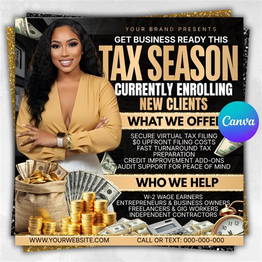 Dépliant sur le service de préparation des déclarations de revenus, dépliants sur la saison des impôts 2026, dépliants sur les déclarations de revenus, dépliants sur les services comptables, dépliant sur la réparation du crédit. Modèle de toile - Etsy France