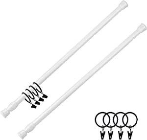 Tension Rods -2 Pack Spring Curtain Rods 28" to 48" Closet Rod with 4 Pieces Curtain Rings ，Extendable Adjustable Spring Rods Shower Curtain Rods (White)